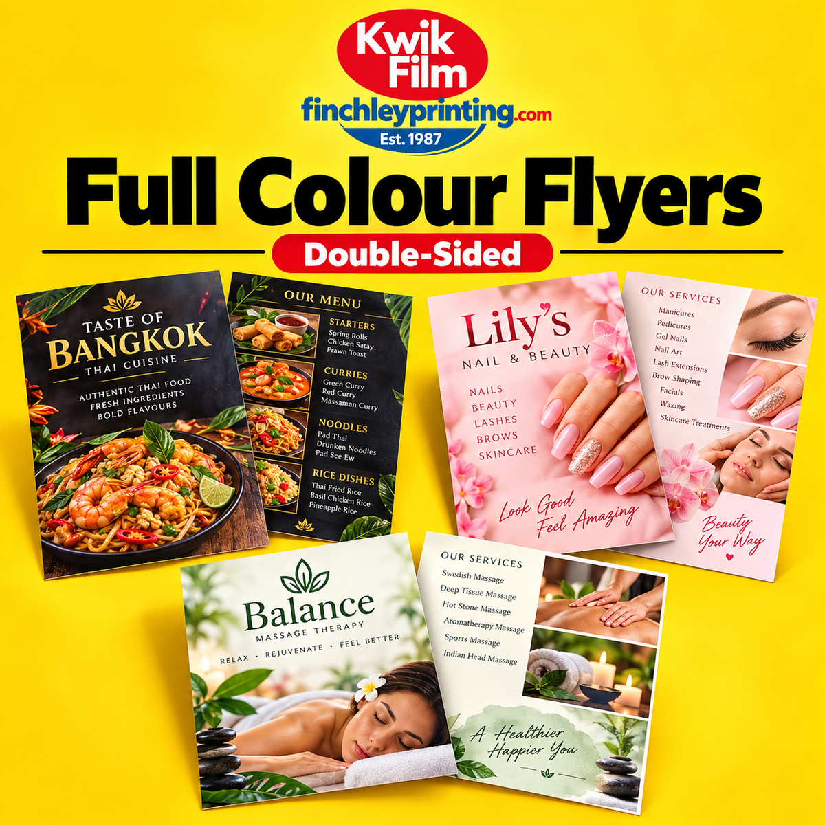 Full colour double-sided flyer printing for takeaway menus, beauty salons and massage services by Kwik Film and Finchley Printing