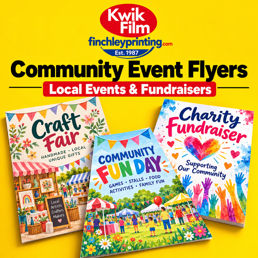 Community event flyer examples for craft fairs, charity fundraisers and local fun days by Kwik Film and Finchley Printing