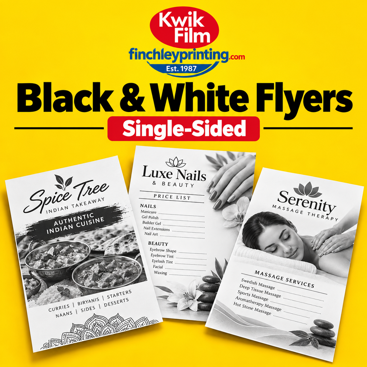 Black and white single-sided flyer printing for takeaway menus, beauty salons and massage services by Kwik Film and Finchley Printing