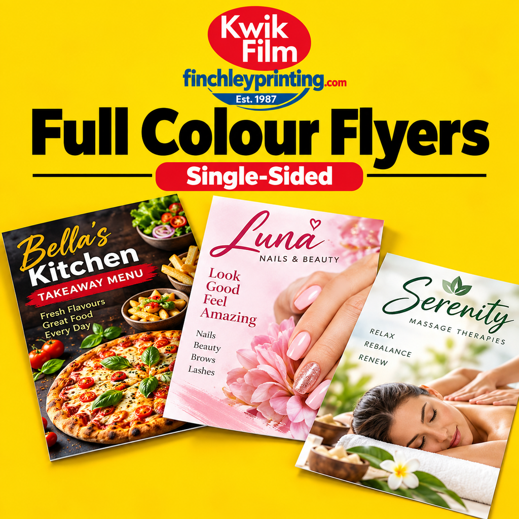 Full colour single-sided flyer printing for takeaway menus, beauty salons and massage services by Kwik Film and Finchley Printing