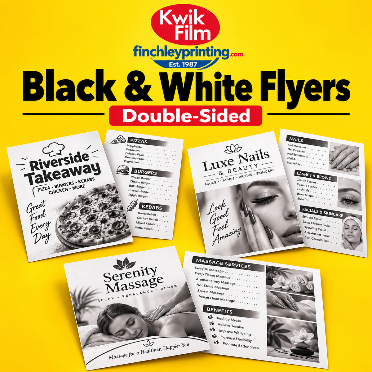Black and white double-sided flyer printing for takeaway menus, beauty salons and massage services by Kwik Film and Finchley Printing