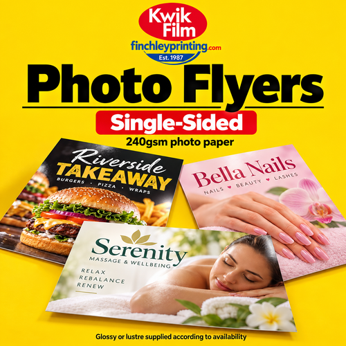 Single-sided photo flyers on 240gsm photo paper for takeaway menus, beauty salons and massage services by Kwik Film and Finchley Printing
