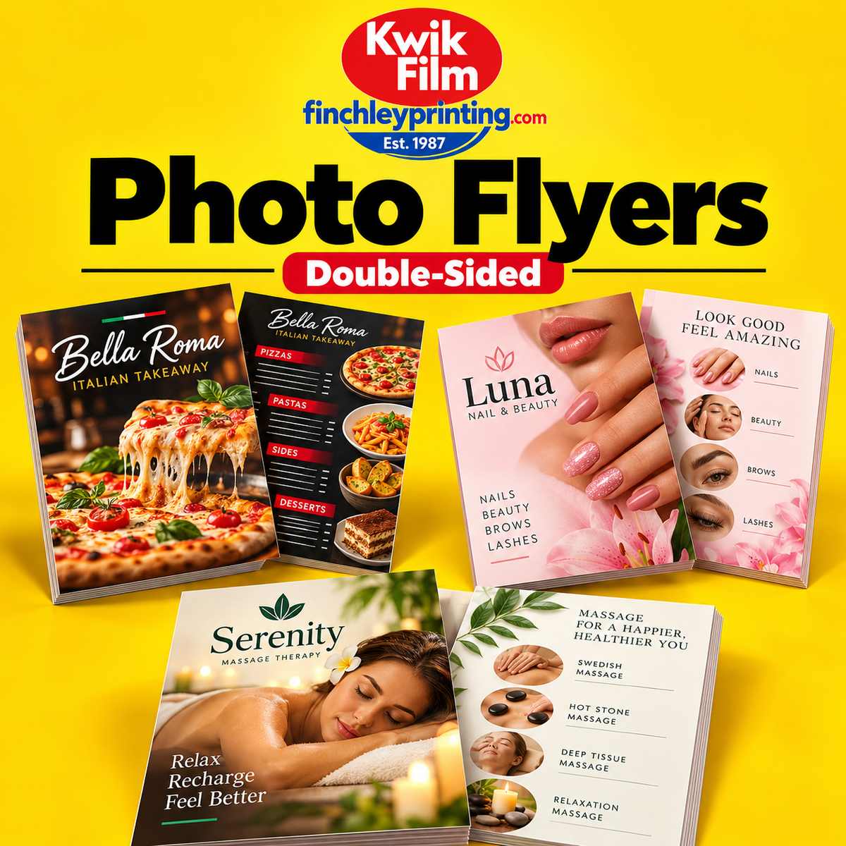 Double-sided photo flyers for takeaway menus, beauty salons and massage services by Kwik Film and Finchley Printing