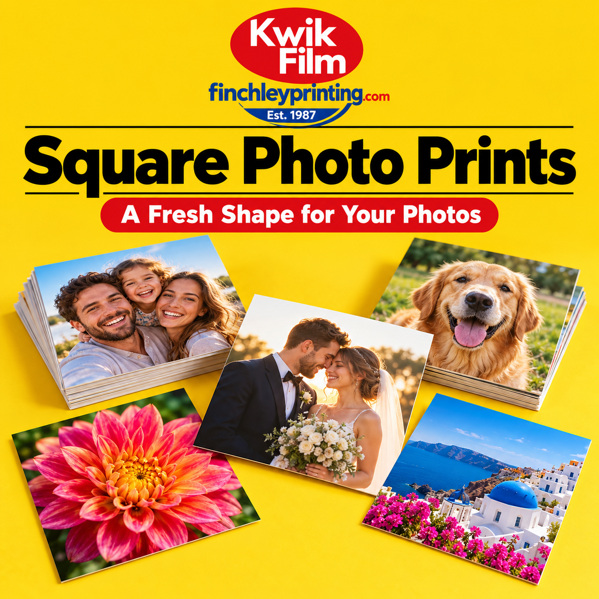 Square photo prints with family, wedding, pet, flower and travel photographs by Kwik Film and Finchley Printing