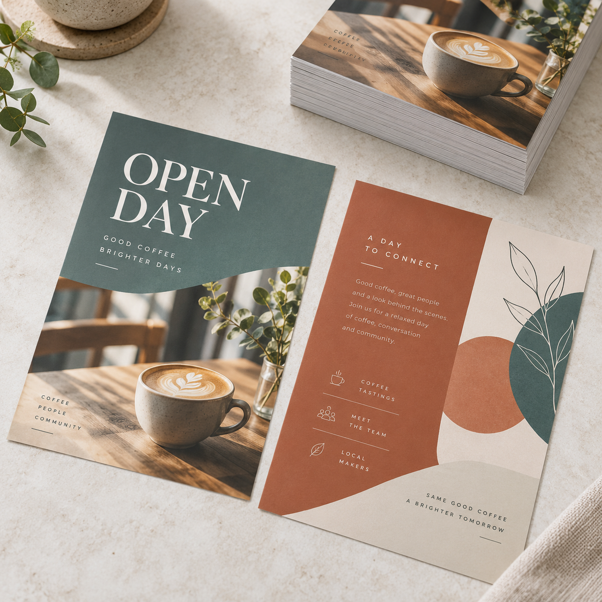 Illustrative full-colour double-sided flyer artwork showing a front and reverse design.