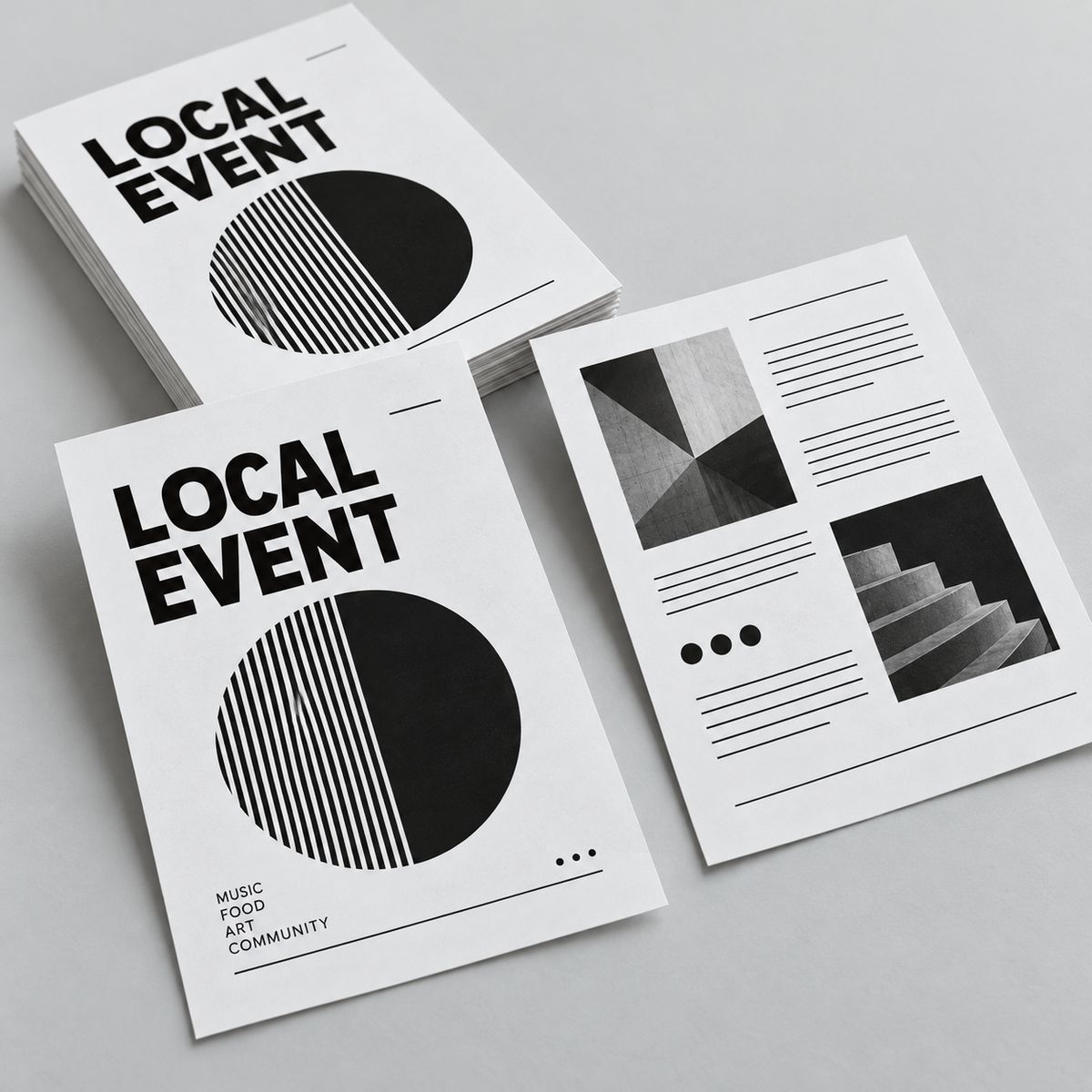 Illustrative black-and-white double-sided flyer artwork showing a front and reverse design.