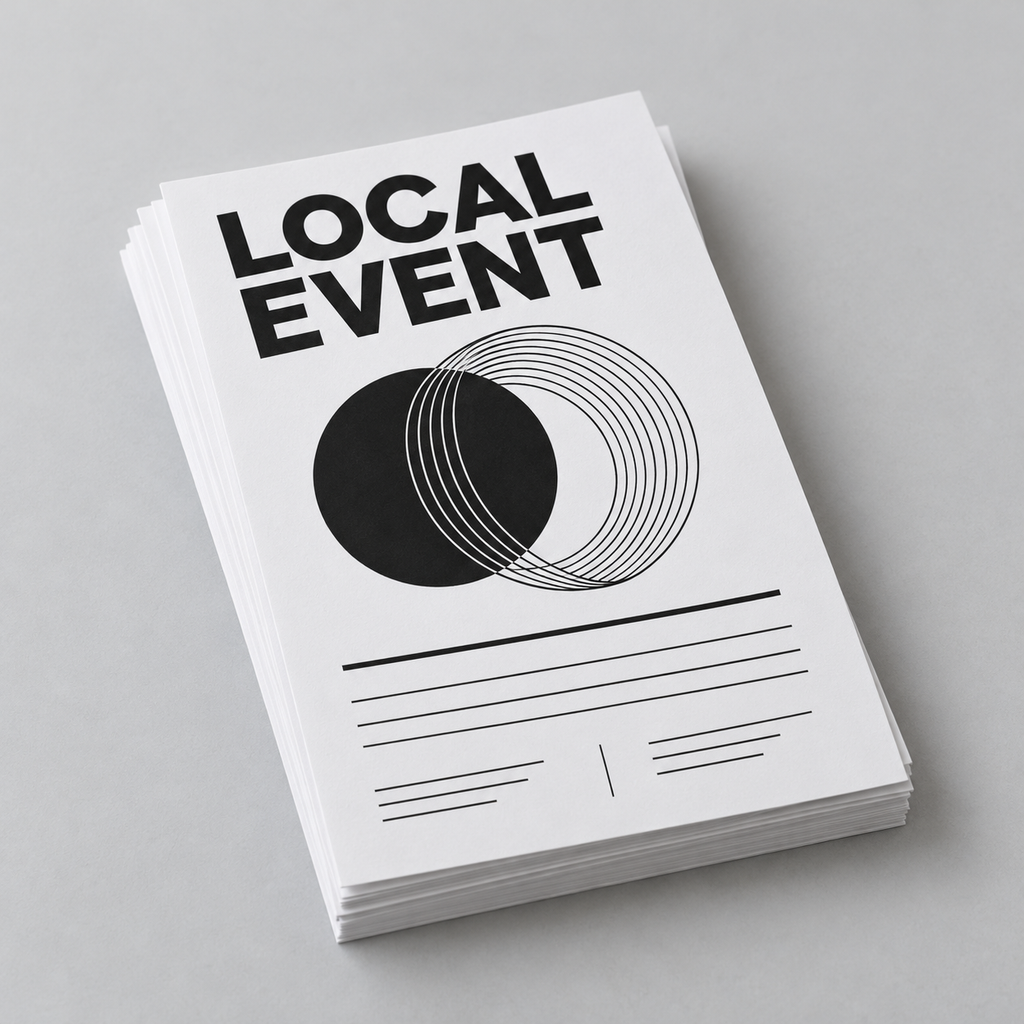 Illustrative black-and-white single-sided flyers; choose paper, size and quantity on the product page.