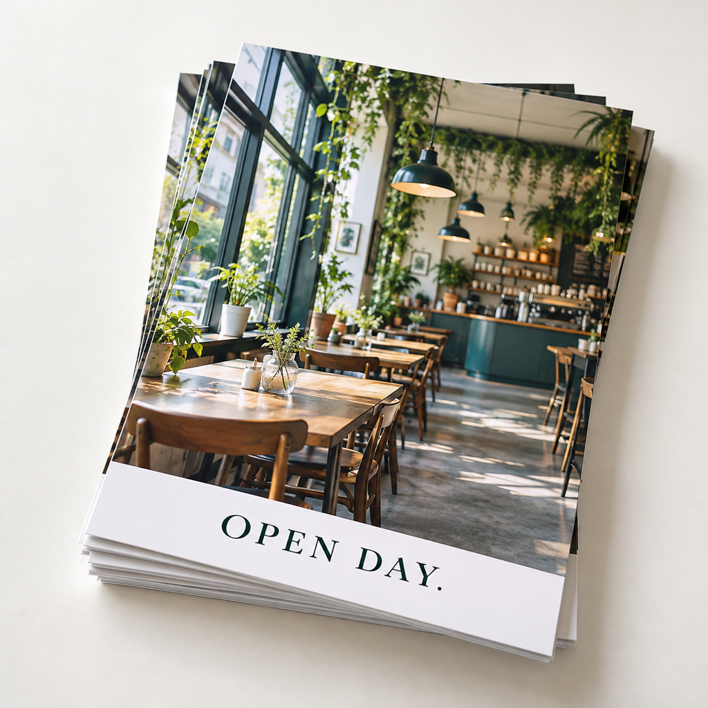 Illustrative single-sided photo flyer with photographic artwork; size and quantity depend on the selected product.