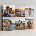 Illustrative collage canvas print with a grid of family and travel photographs.