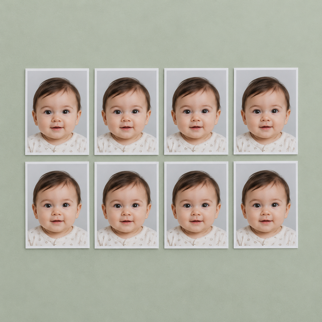 Illustrative set of eight printed baby ID photographs; the shop checks the required format.