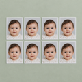 Illustrative set of eight printed baby ID photographs; the shop checks the required format.
