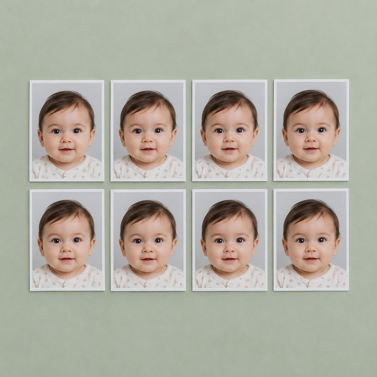 Illustrative set of eight printed baby ID photographs; the shop checks the required format.