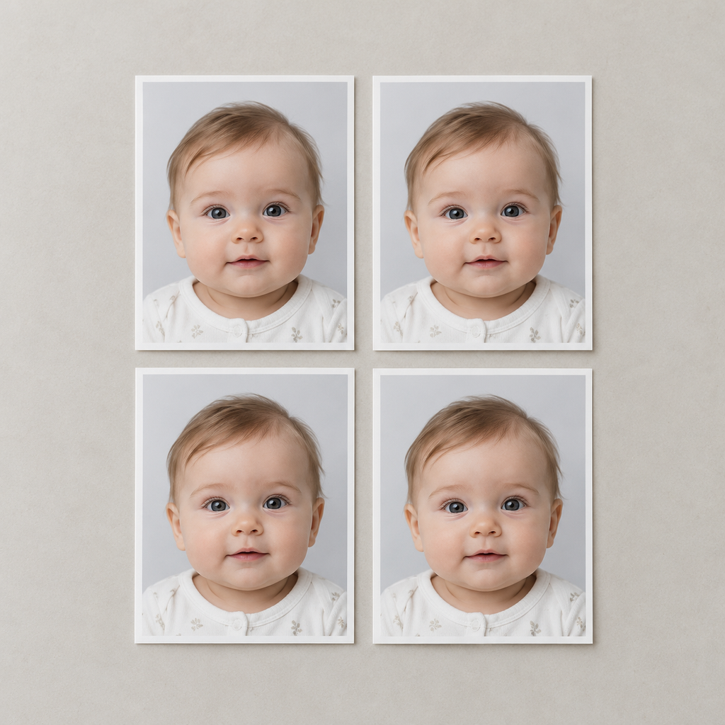 Illustrative set of four baby ID photographs; the shop checks the required format.