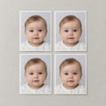 Illustrative set of four baby ID photographs; the shop checks the required format.