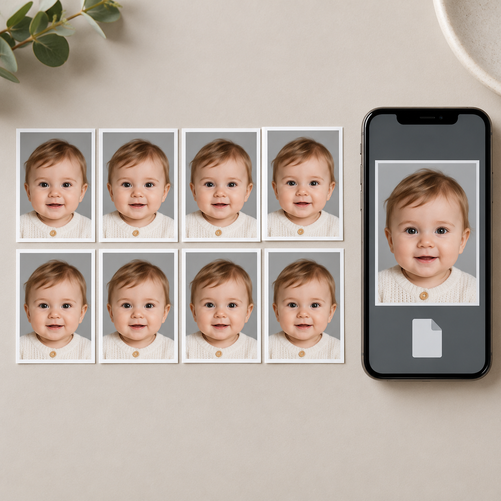 Illustrative eight-print baby passport package with digital delivery; see the listing for included outputs.