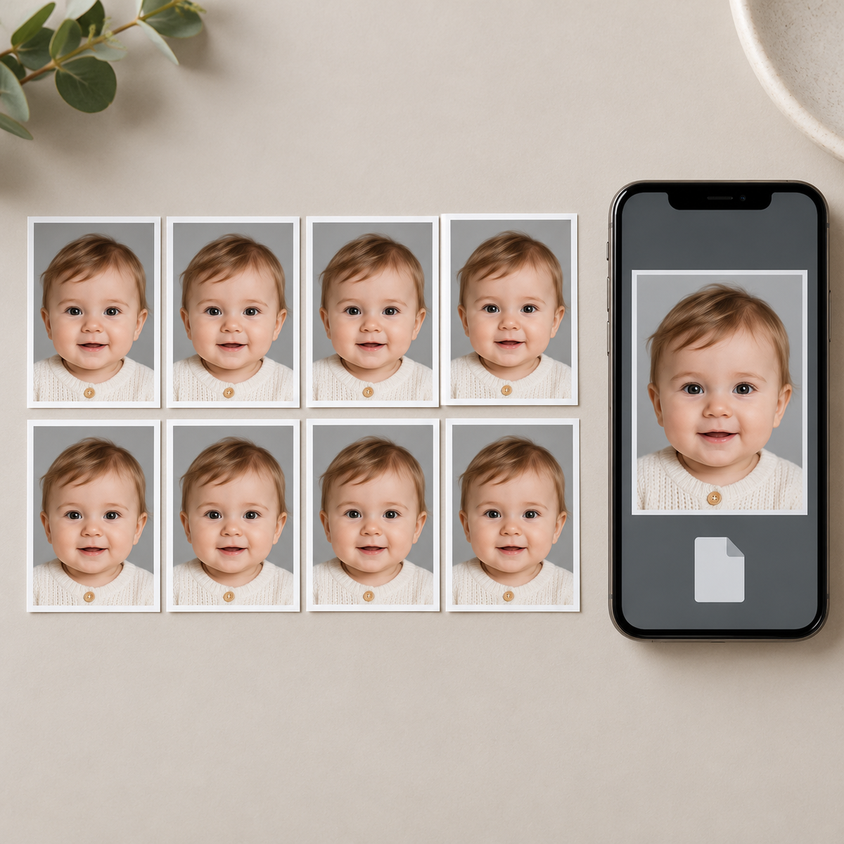 Illustrative eight-print baby passport package with digital delivery; see the listing for included outputs.