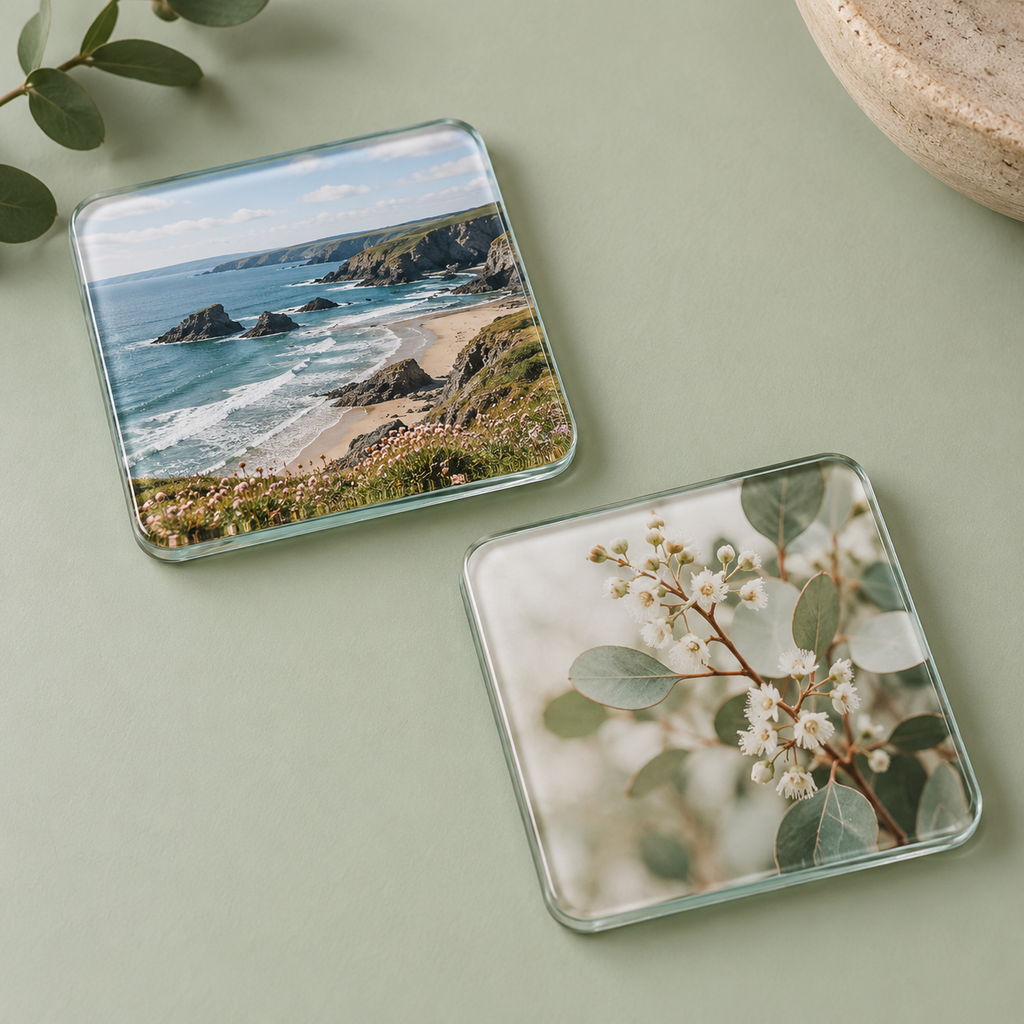 Illustrative set of two personalised glass photo coasters.