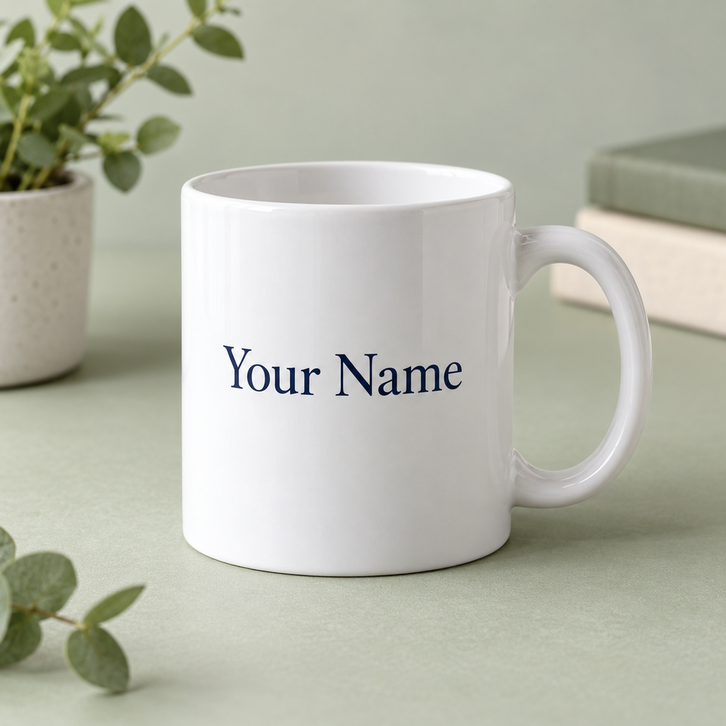 Illustrative text add-on for a photo mug; the mug is ordered separately.
