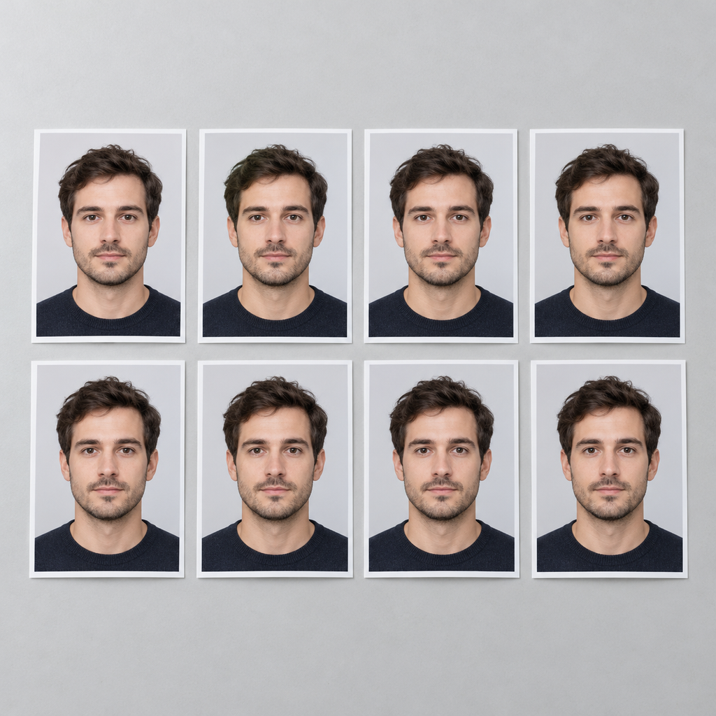 Illustrative set of eight printed ID photographs; the shop checks the required format.