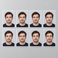 Illustrative set of eight printed ID photographs; the shop checks the required format.