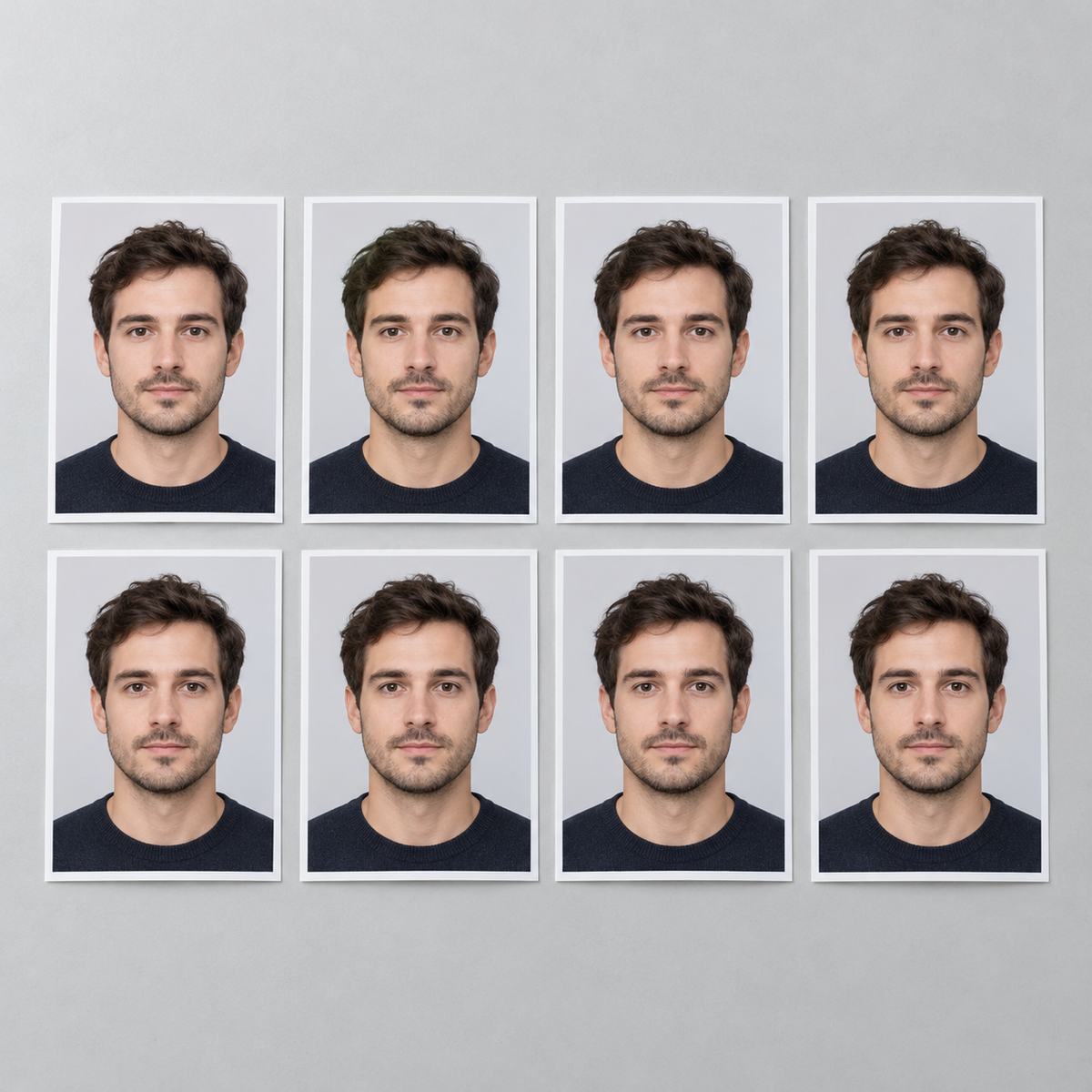 Illustrative set of eight printed ID photographs; the shop checks the required format.