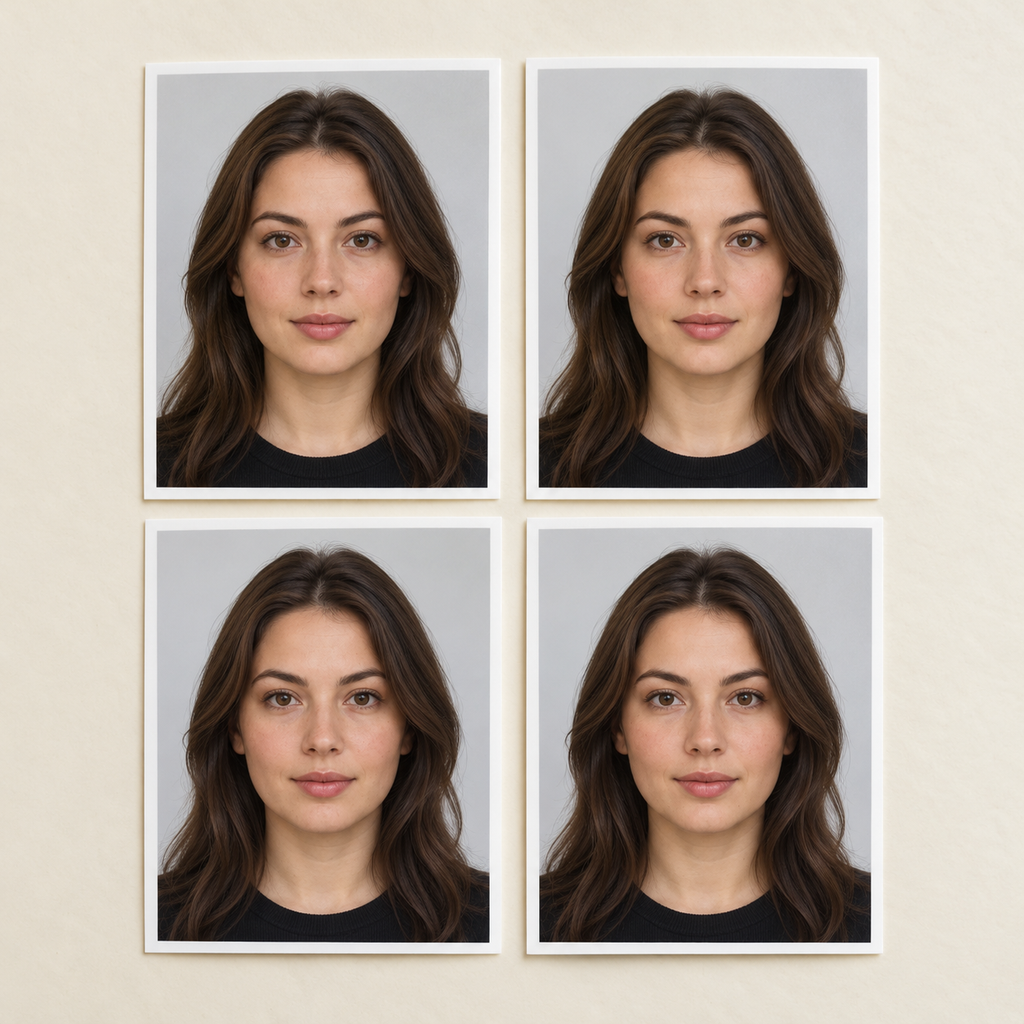 Illustrative set of four printed ID photographs; the shop checks the required format.