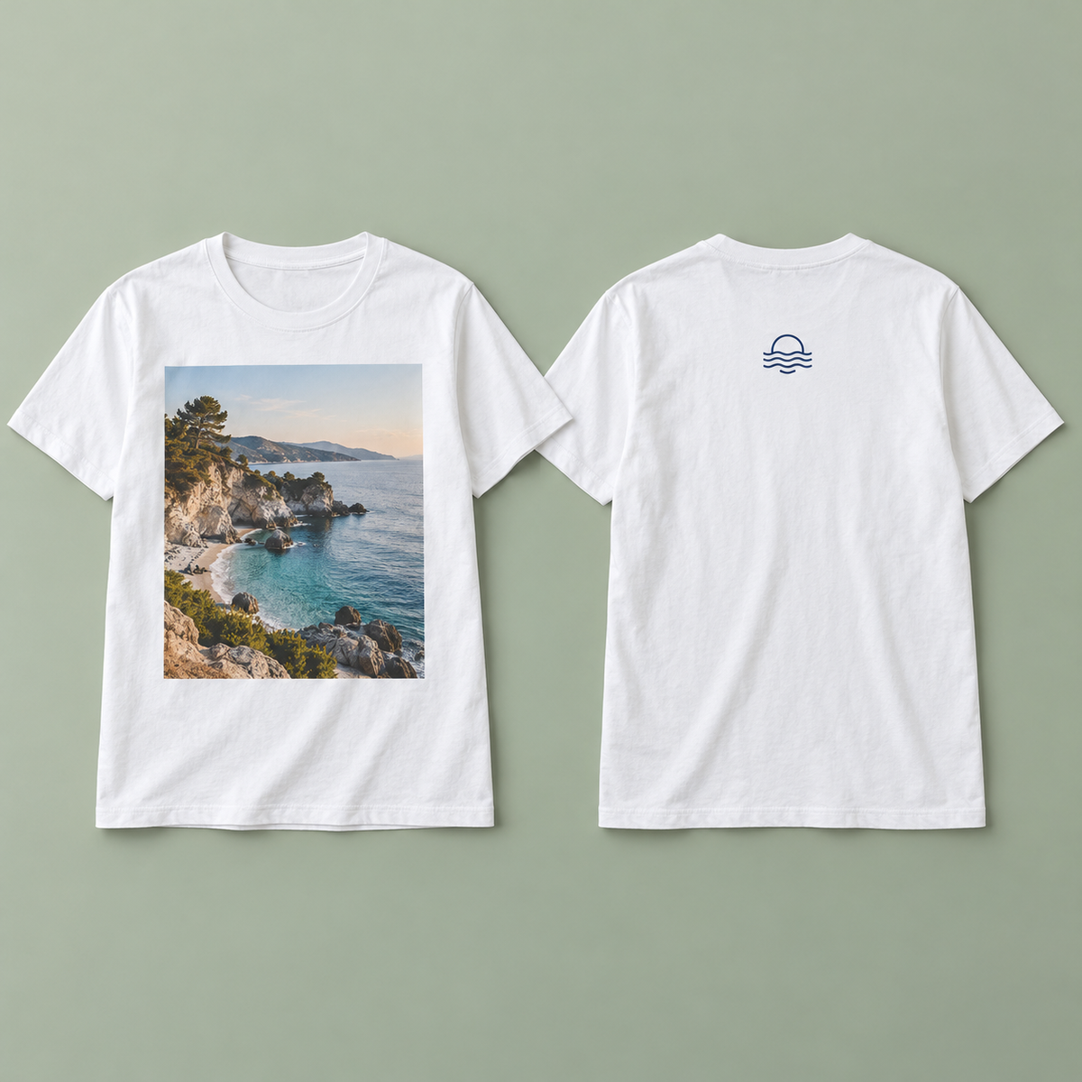Illustrative front and back views of one double-sided personalised T-shirt.