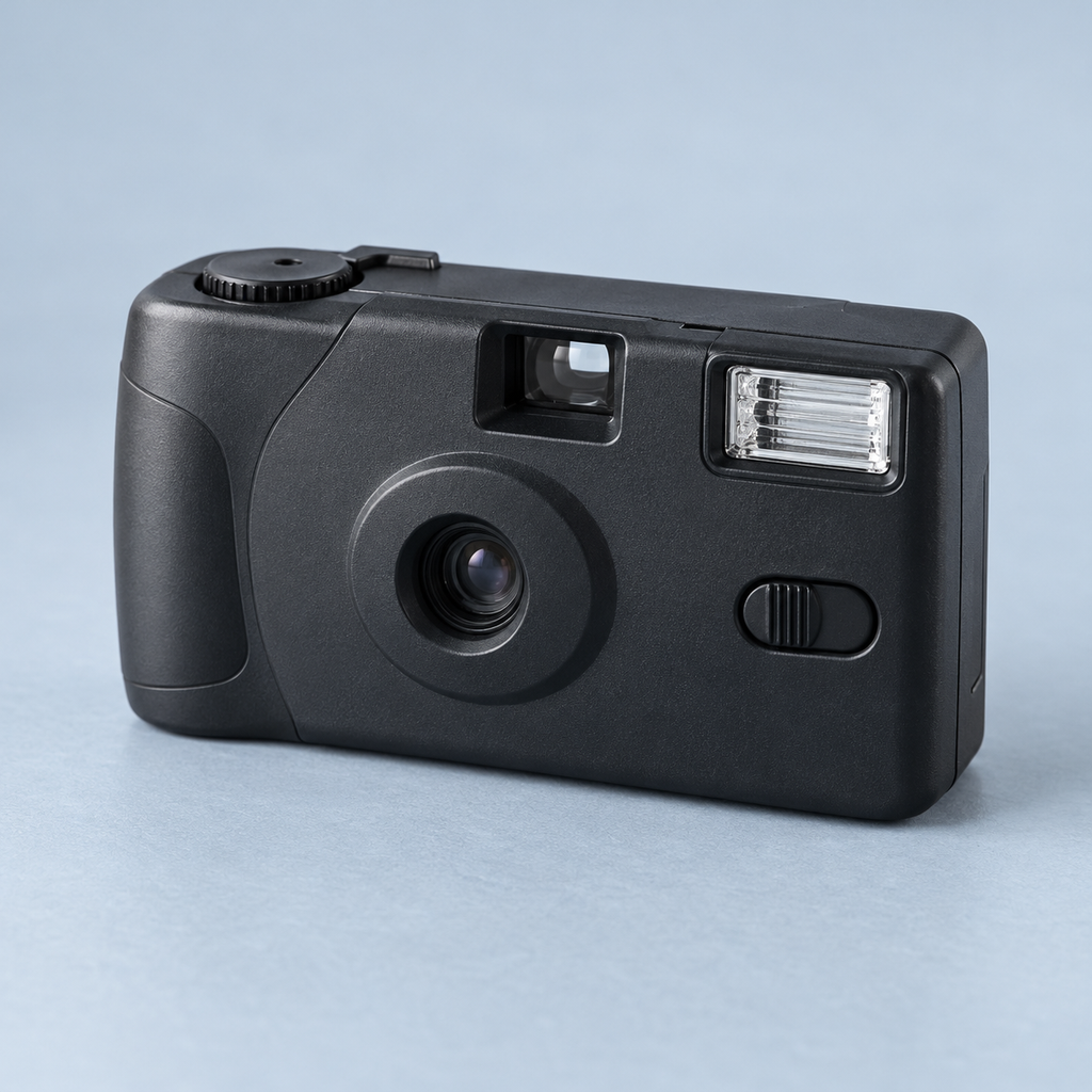 Illustrative single-use 35mm camera with flash; check the supplied model and exposure count.