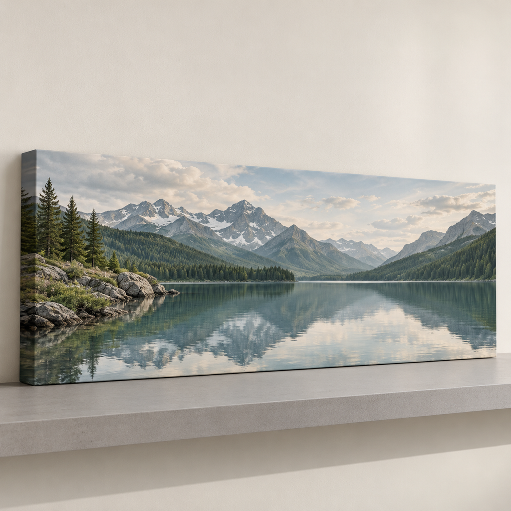 Illustrative panoramic canvas print with a wide mountain landscape.