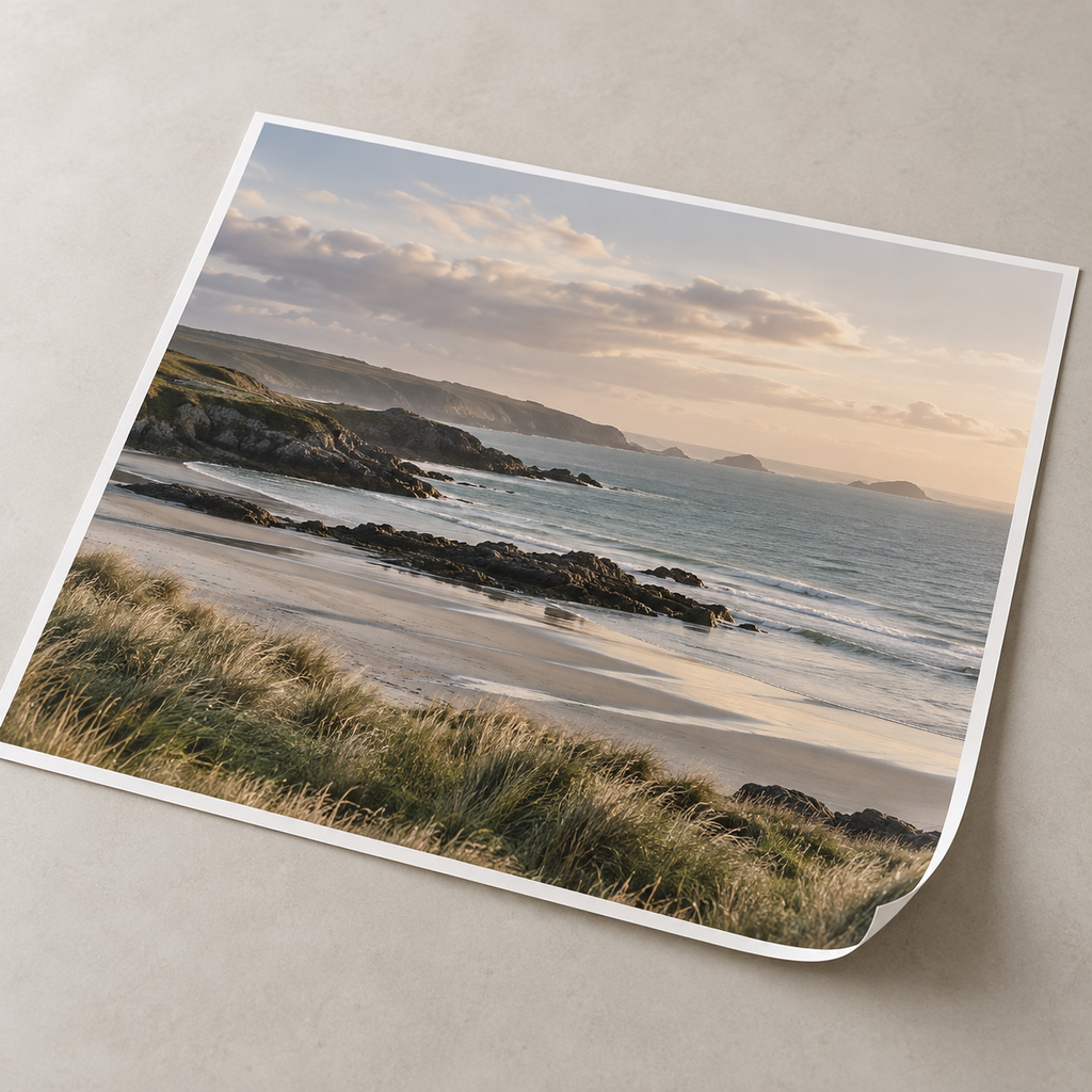 Illustrative enlarged photographic print showing a coastal landscape.