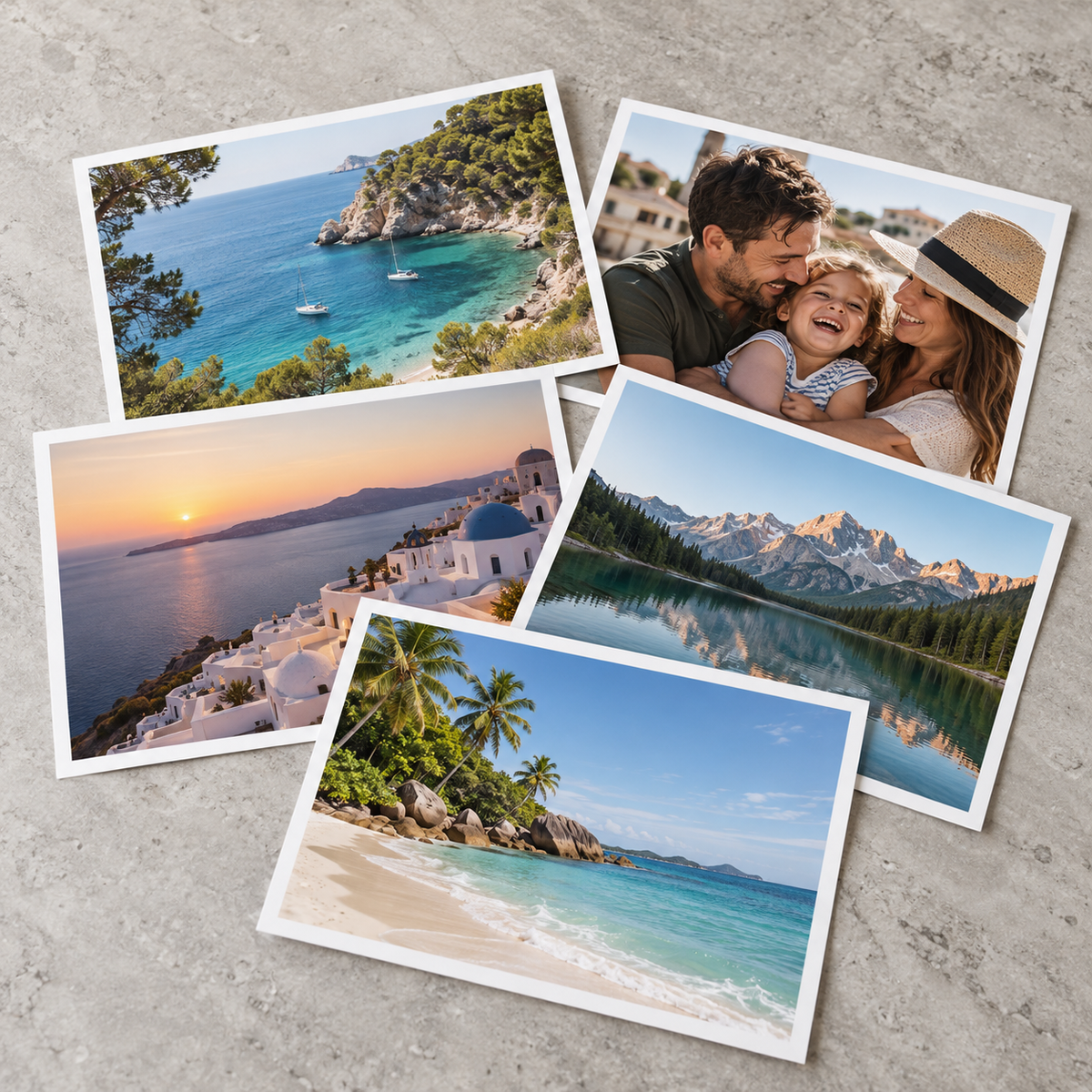 Illustrative photo prints with landscape and family photographs on a neutral background.