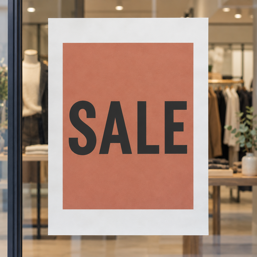 Illustrative plain-paper sale poster for a shop window.