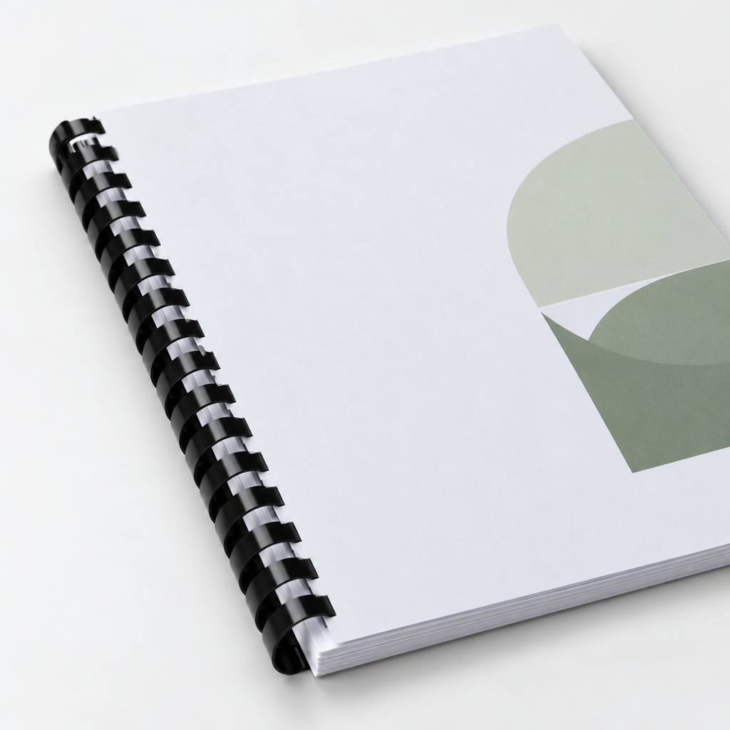 Illustrative comb-bound document; printing is charged separately as specified on the product page.
