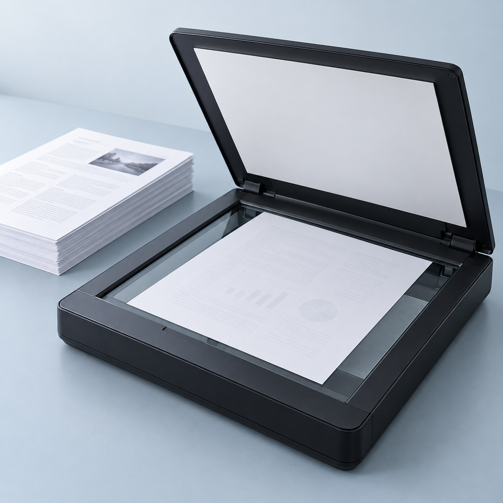 Illustration of document scanning; choose scan quantity and delivery option on the product page.
