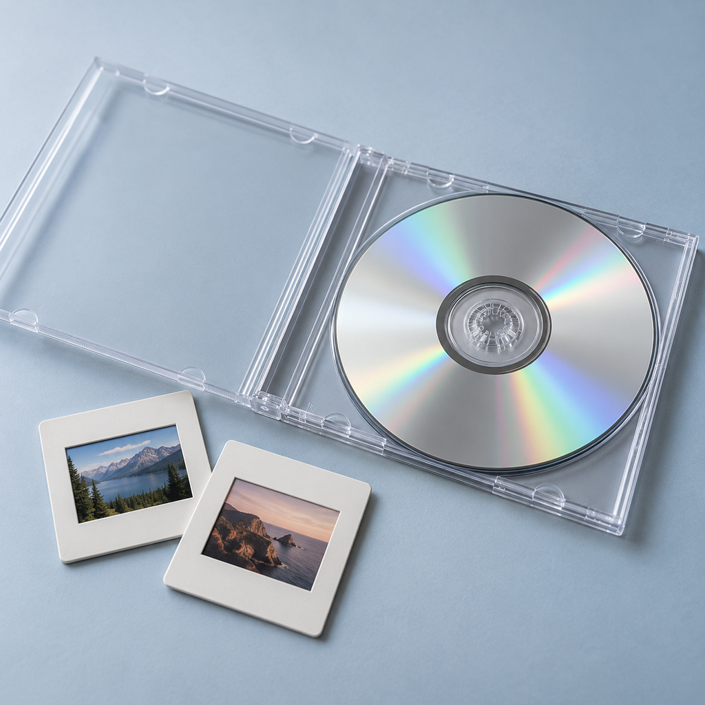 Illustrative DVD delivery option for scanned slides; scanning charges are separate.