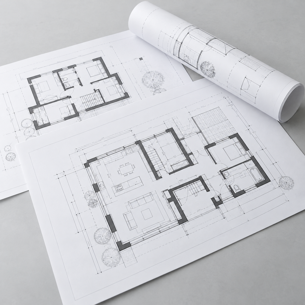 Illustrative architectural drawing in black and white; select paper size and quantity on the product page.