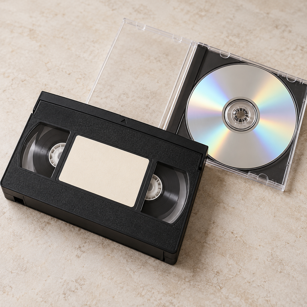 Illustrative VHS-to-DVD transfer service; confirm digital delivery or disc options with the shop.