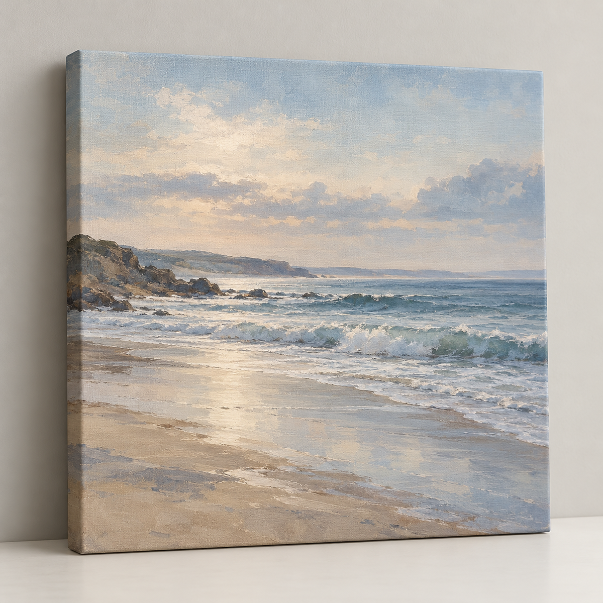 Illustrative single square canvas print with a coastal landscape.