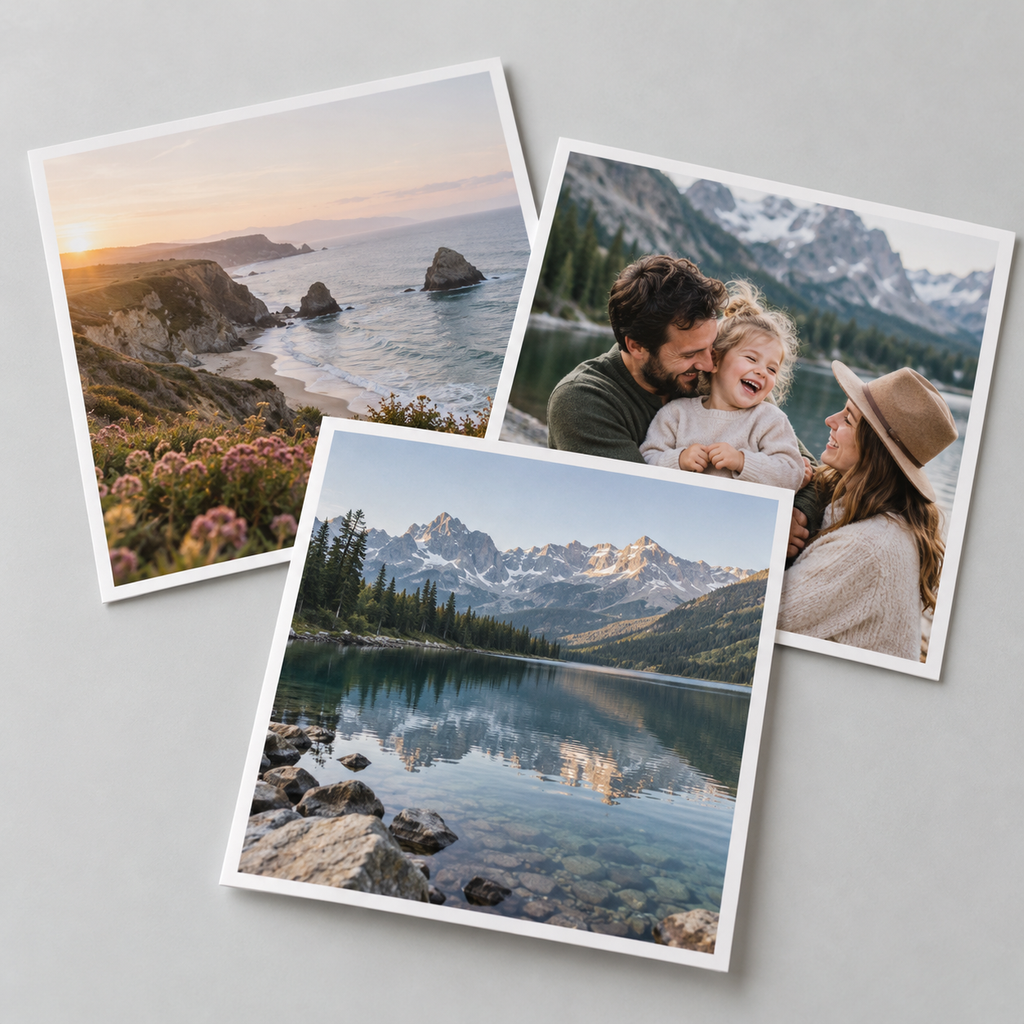 Illustrative square photo prints with travel and family photographs.