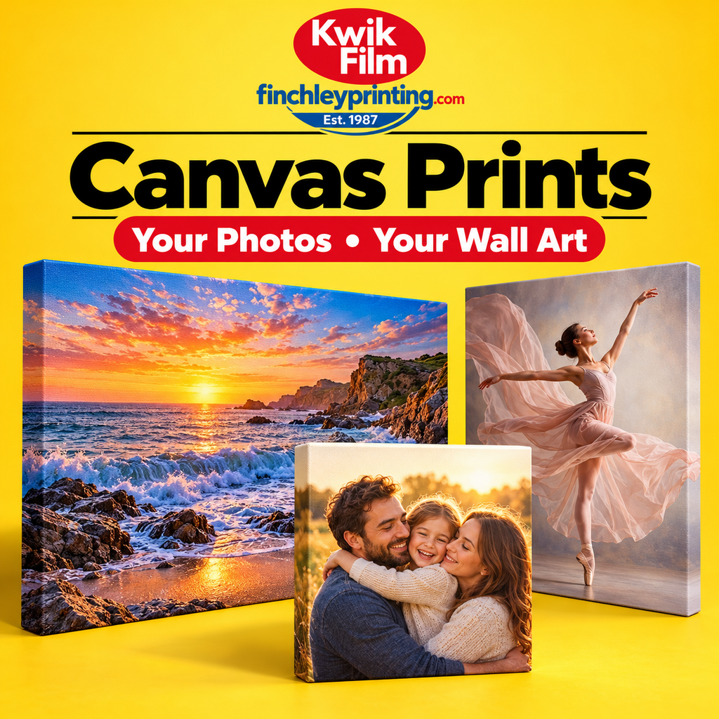 Personalised canvas prints with landscape, ballet dancer and family photographs by Kwik Film and Finchley Printing