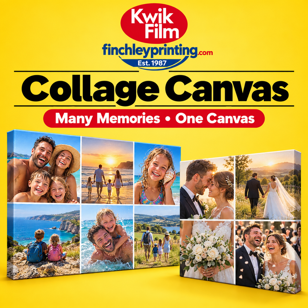 Personalised collage canvas prints showing family holiday and wedding photos on stretched canvas by Kwik Film and Finchley Printing