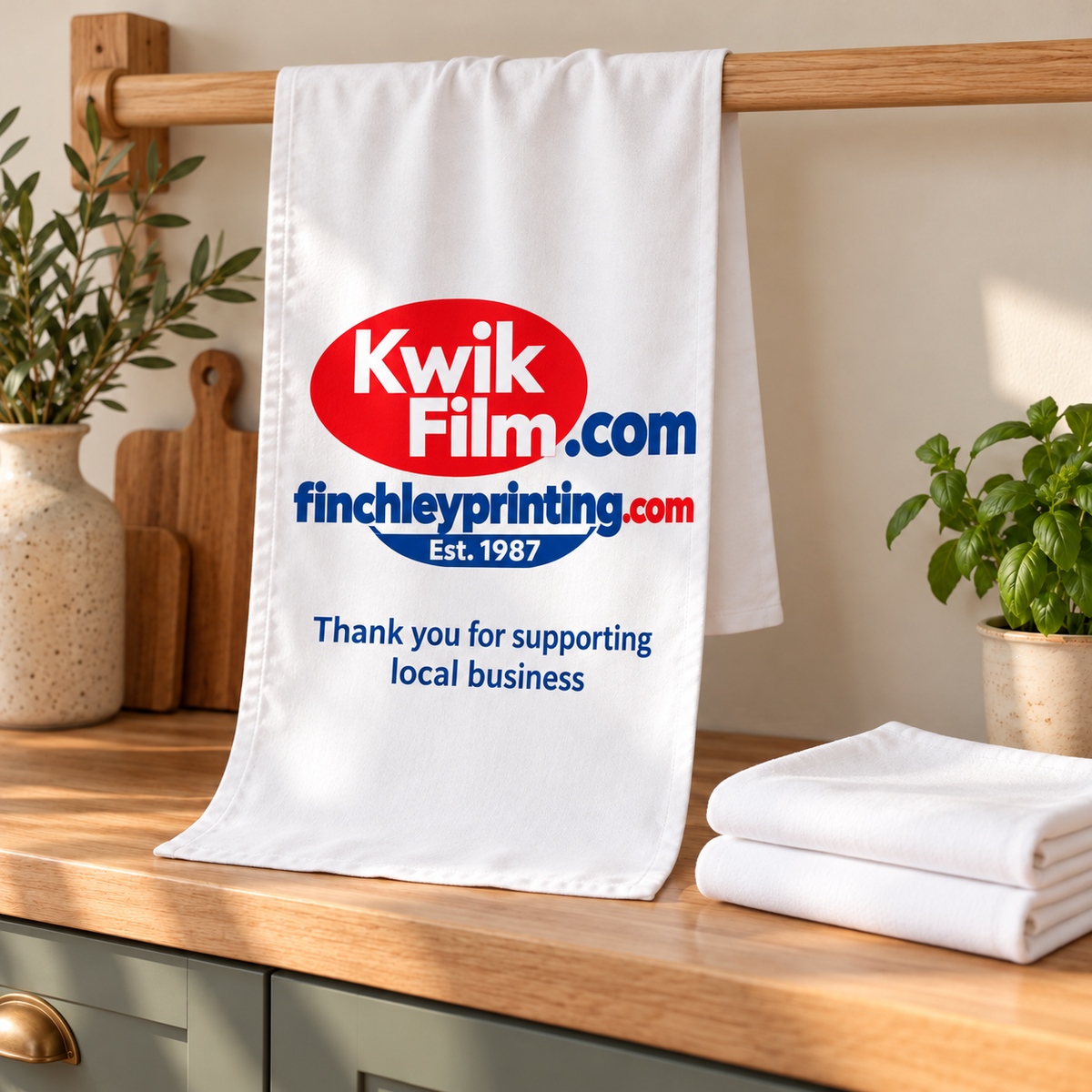 Illustrative Kwik Film and Finchley Printing tea towel launch-gift concept