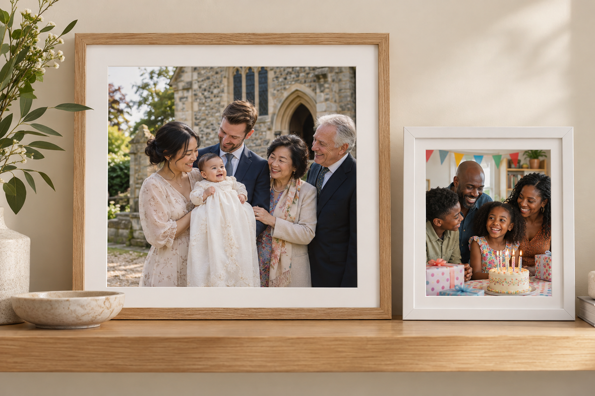 Illustrative framed christening and birthday photographs.