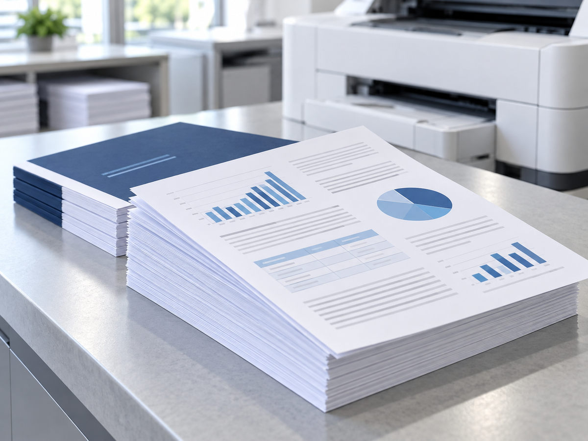 Illustrative stack of printed documents and reports beside a printer