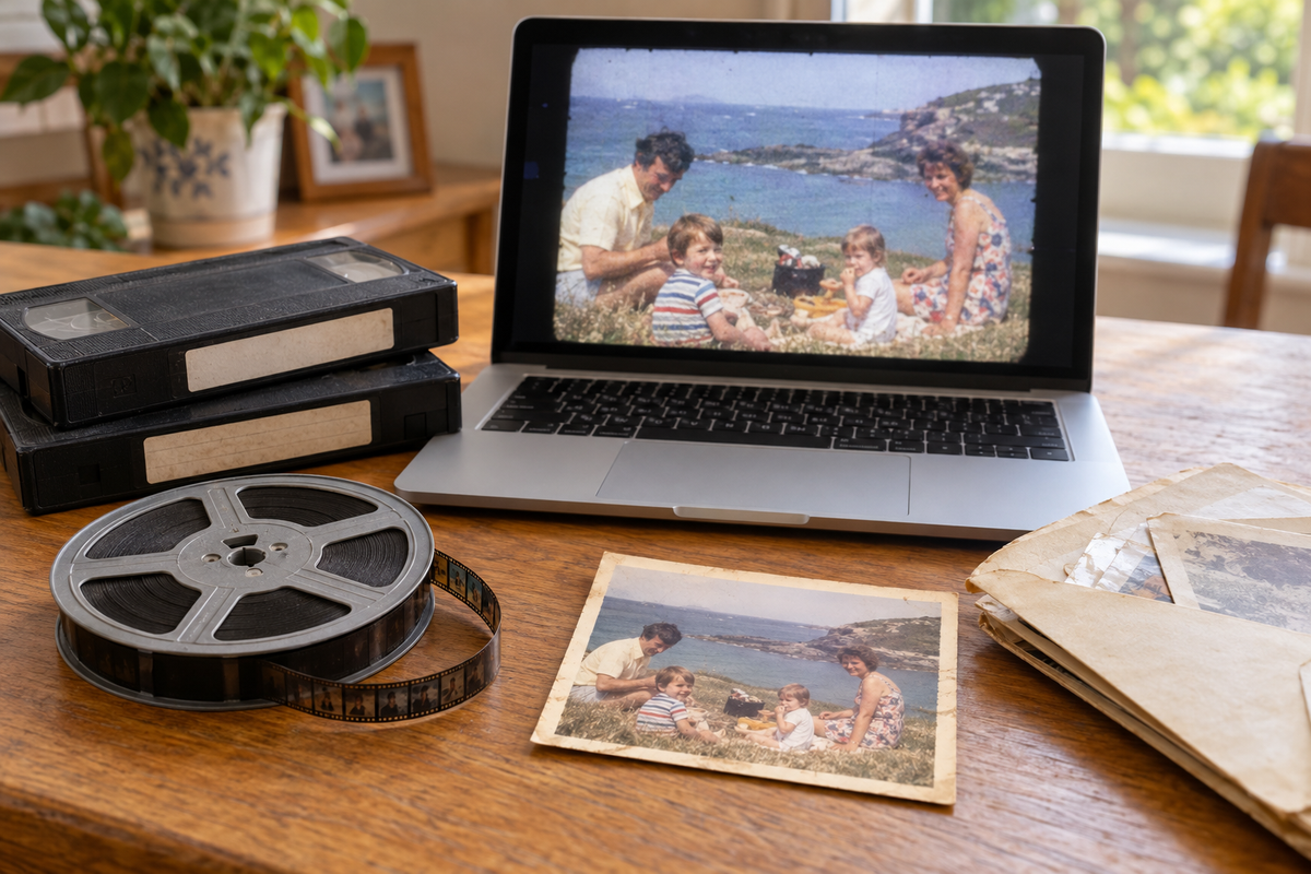 Illustrative home movie reel and VHS tapes beside a laptop displaying a family film.