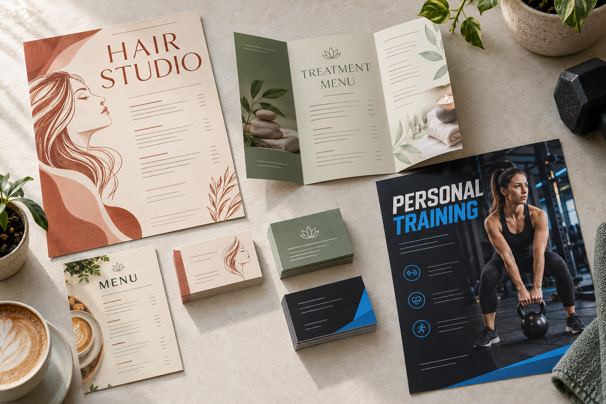 Illustrative salon poster, treatment menu, café menu and personal trainer flyer.