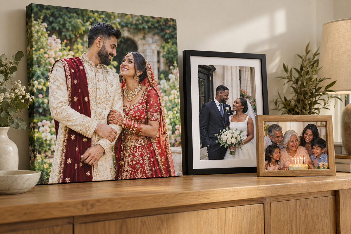 Illustrative wedding canvas and framed wedding and birthday photographs.