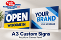 Illustrative A3 acrylic and canvas panel signs, personalised with your design.
