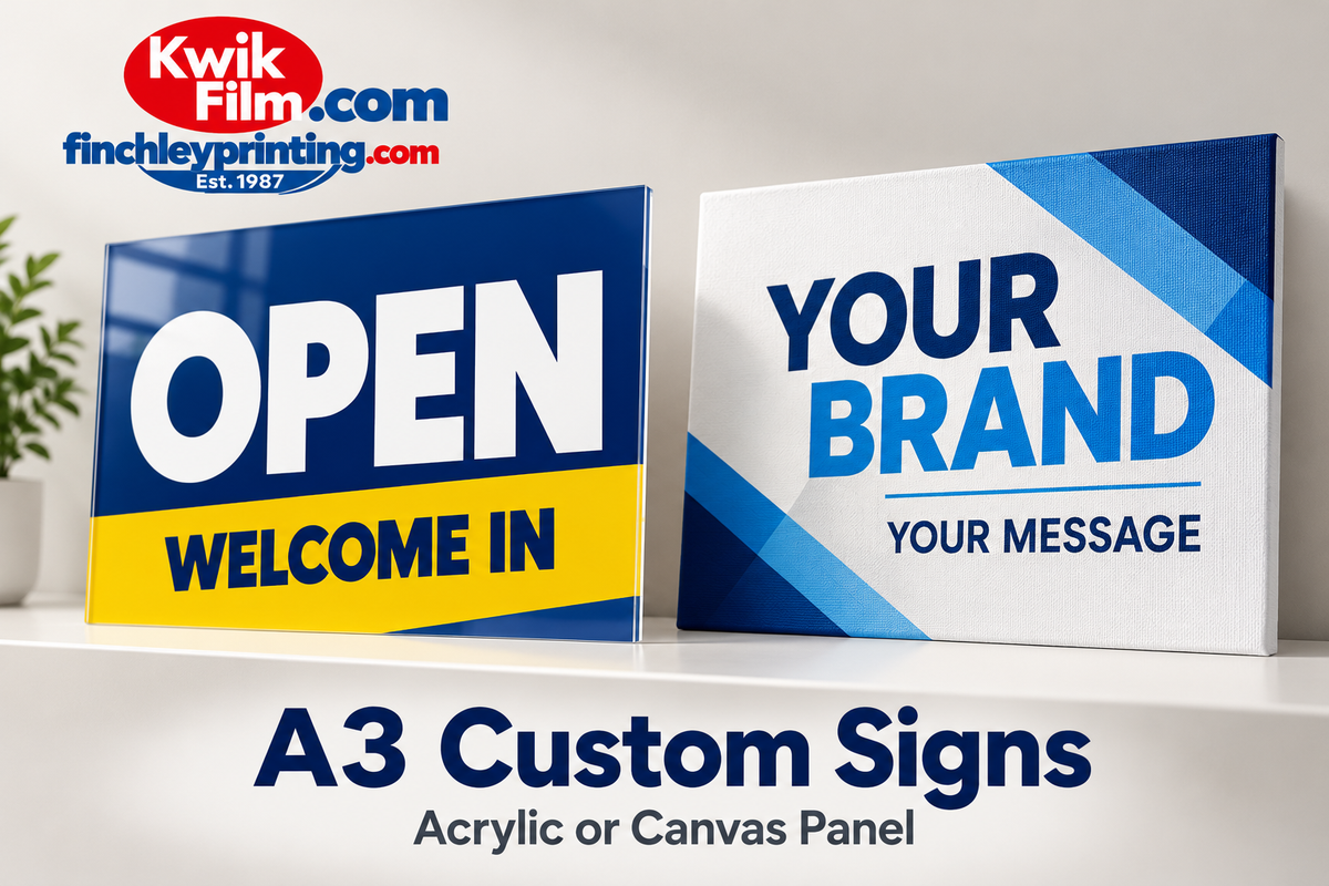 Illustrative A3 acrylic and canvas panel signs, personalised with your design.