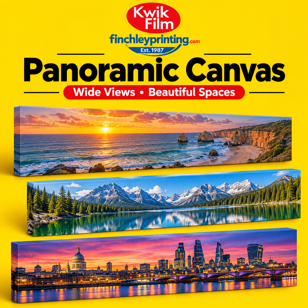 Panoramic canvas prints featuring coastal sunset, mountain lake and city skyline photographs by Kwik Film and Finchley Printing
